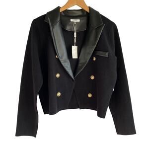 Sioni Y2K Tuxedo Blazer Women L Black‎ Knit Faux Leather Old Money 80s Edgy NWT